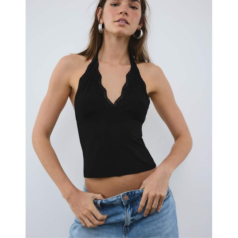 Stradivarius Lace halter top in black