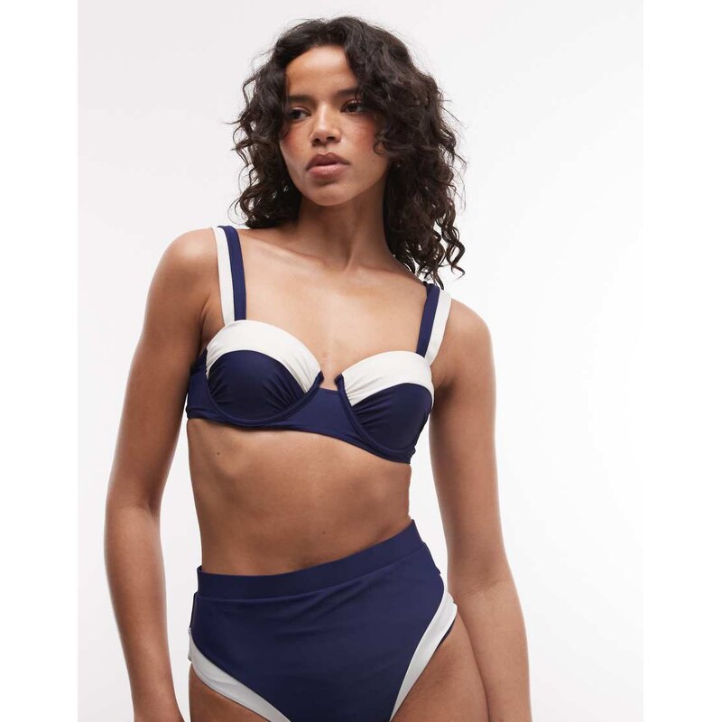 River Island colour block balconette bikini top in navy