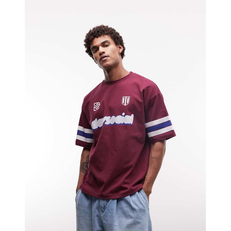 ASOS DESIGN oversized t-shirt with football bubble graphic in maroon-Red
