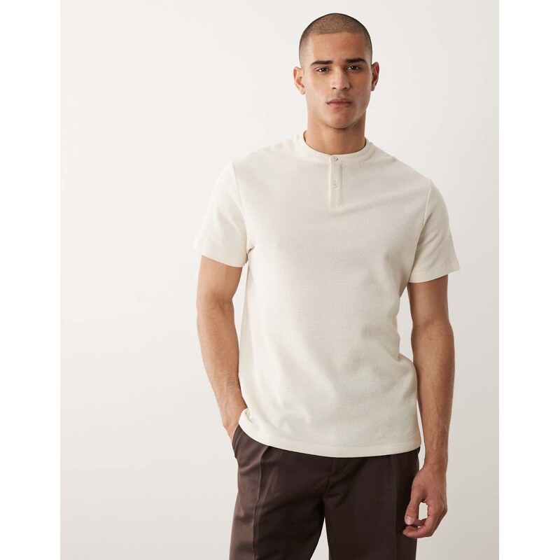 ASOS DESIGN regular fit t-shirt with henley neck in cream waffle