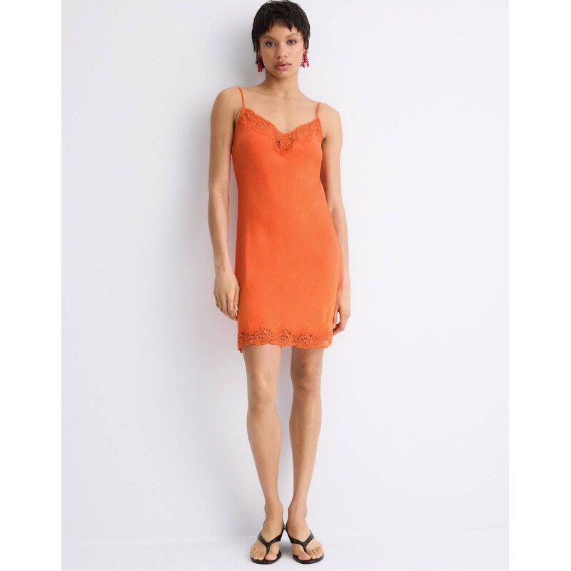 Stradivarius Short rustic lace dress in orange 115005712