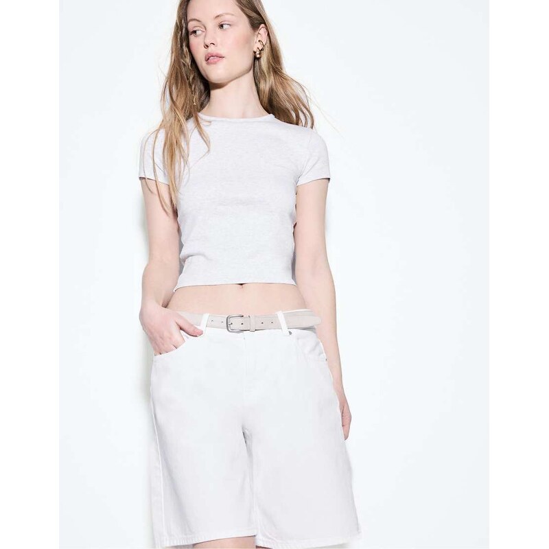 Stradivarius Denim bermuda shorts with belt in white 115005713