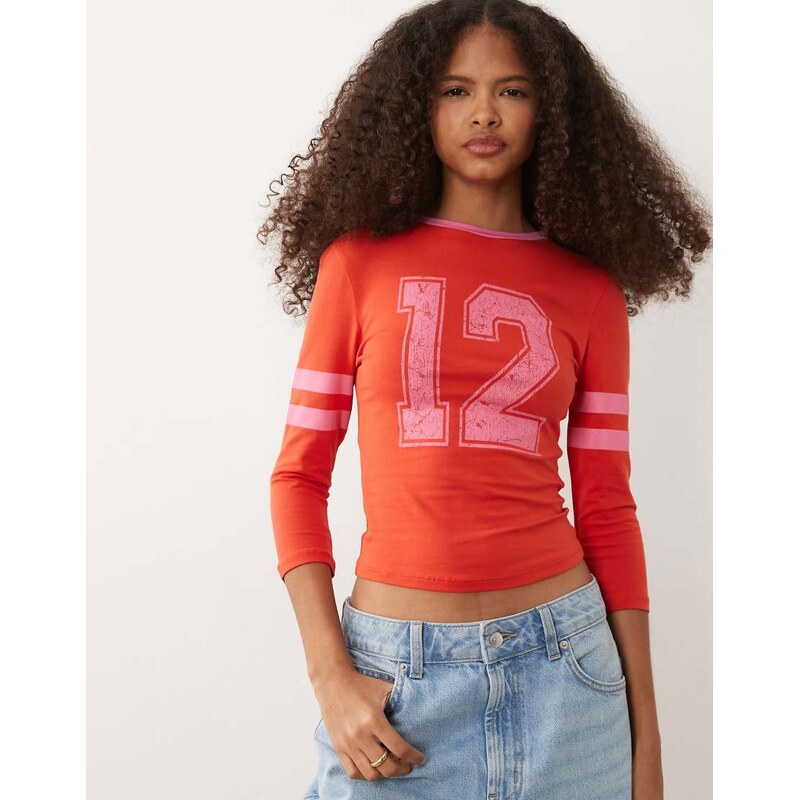 ASOS DESIGN 3/4 sleeve baby tee with varsity graphic in red and pink-Multi