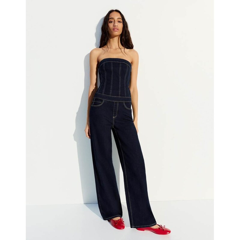 Bershka Long denim jumpsuit in blue-Navy 115005720