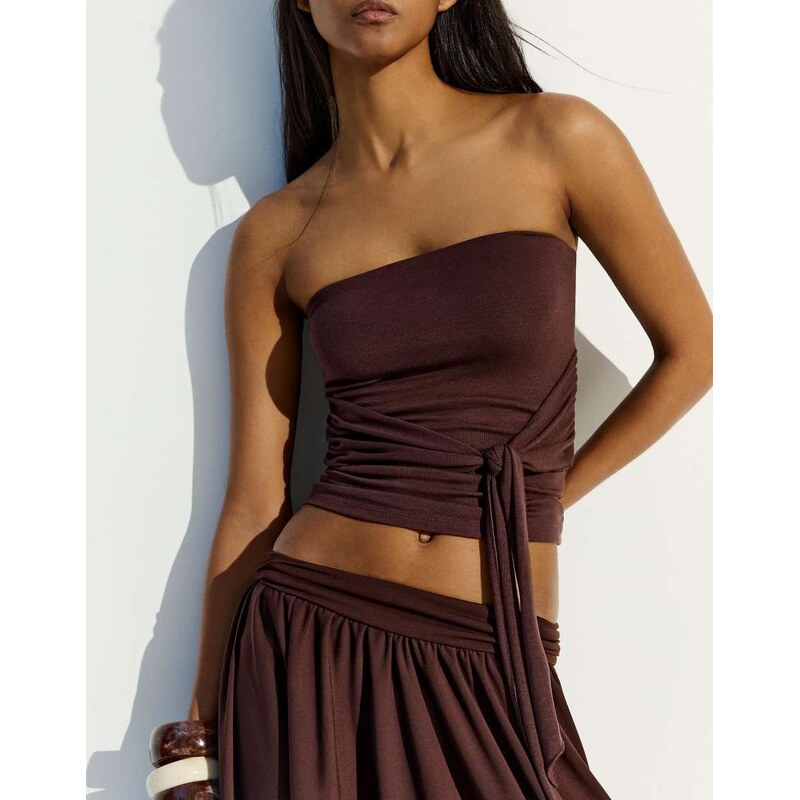 Bershka Bandeau top with tie detail in brown 115052459