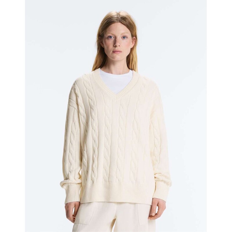 OYSHO 100% cotton cable knit v-neck jumper in pale ecru-Neutral 115005737