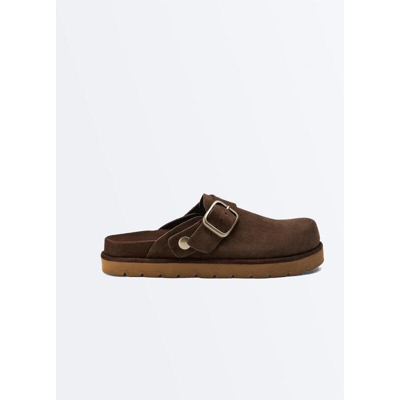 OYSHO Buckled split-leather mules in brown 115005747