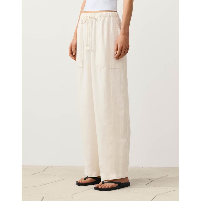 OYSHO Lyocell blend and 24% linen straight trousers in pale ecru 115005760