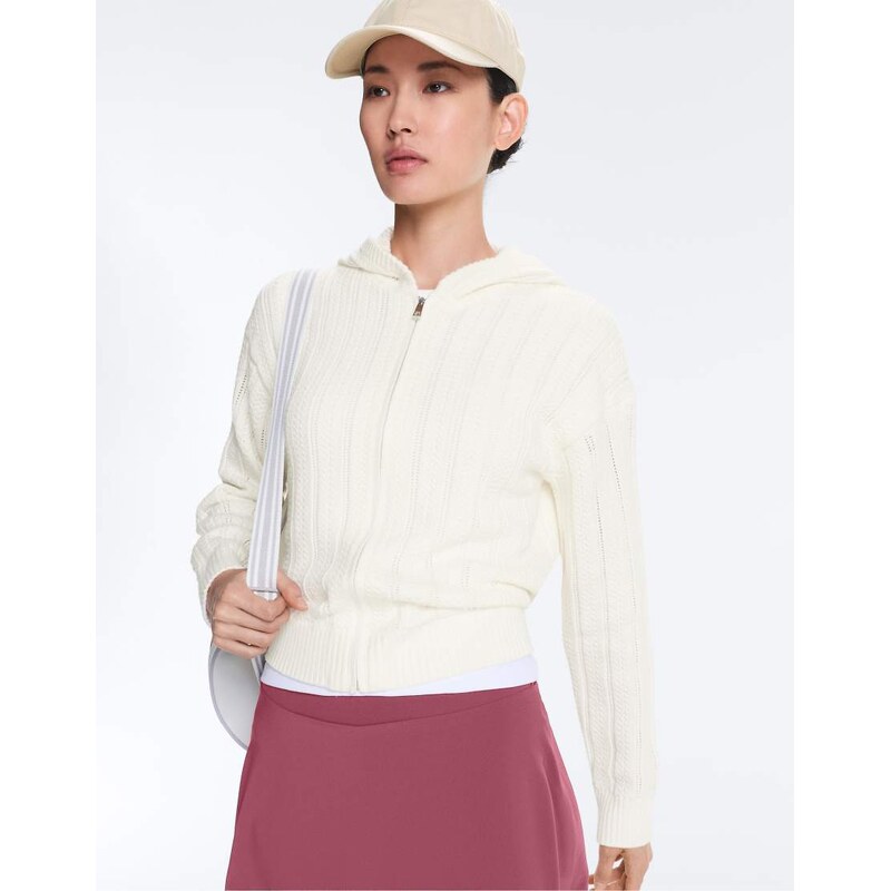 OYSHO Openwork knit hooded jacket in off-white 115005774