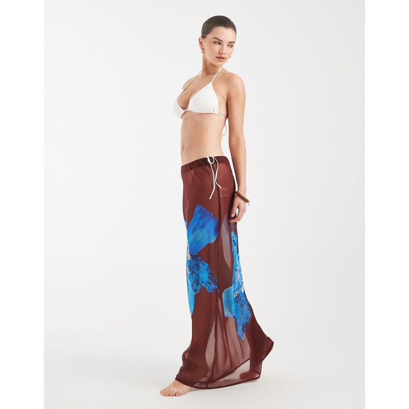 Aray sheer maxi beach skirt in brown floral print