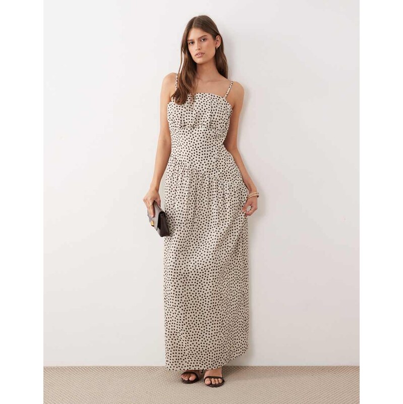 Pretty Lavish Zaria corset detail maxi dress in cream and brown polka 115040147