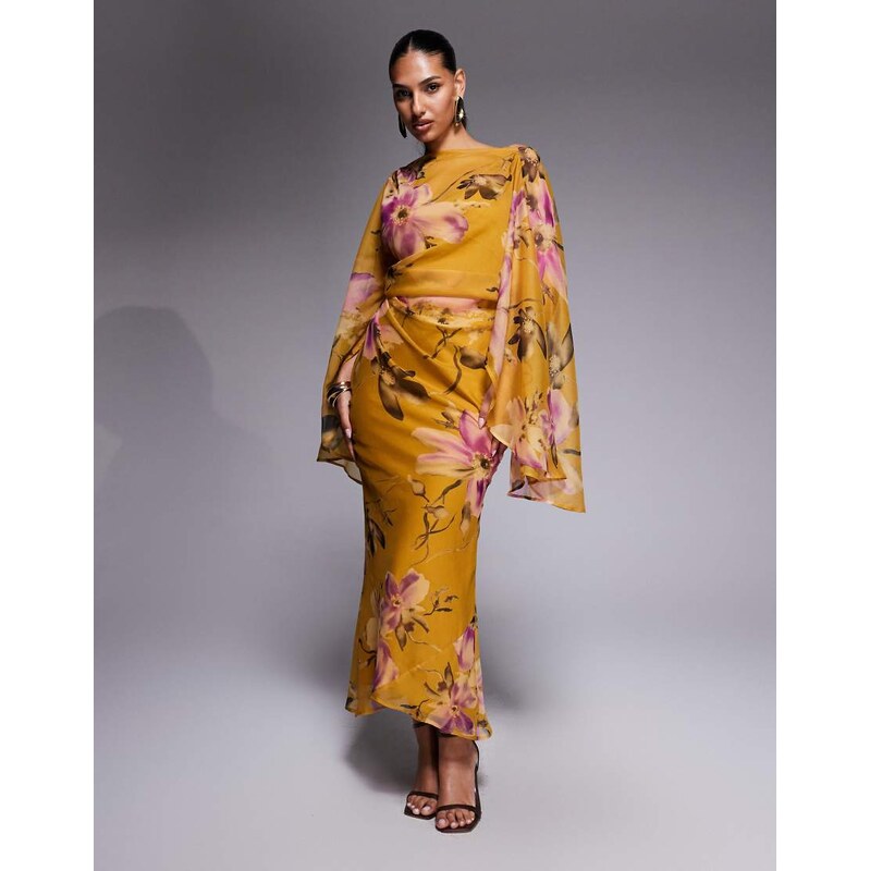 ASOS DESIGN satin high neck drape skirt maxi dress in golden