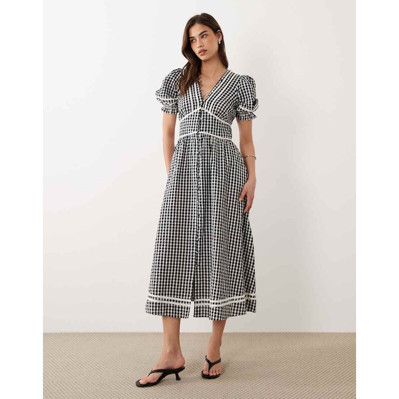 Nobodys Child Saffy v-neck puff sleeve midi dress in black