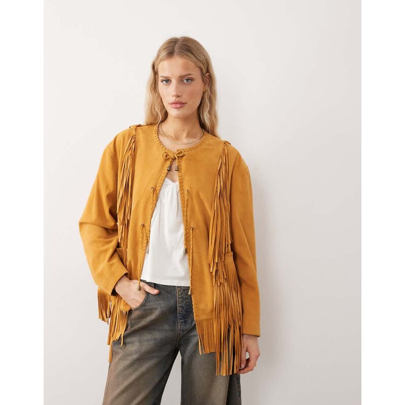 Urbancode oversized boho suede fringed jacket in yellow