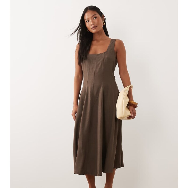 Vila Petite square neck linen-touch midi dress in brown-Black 115691729