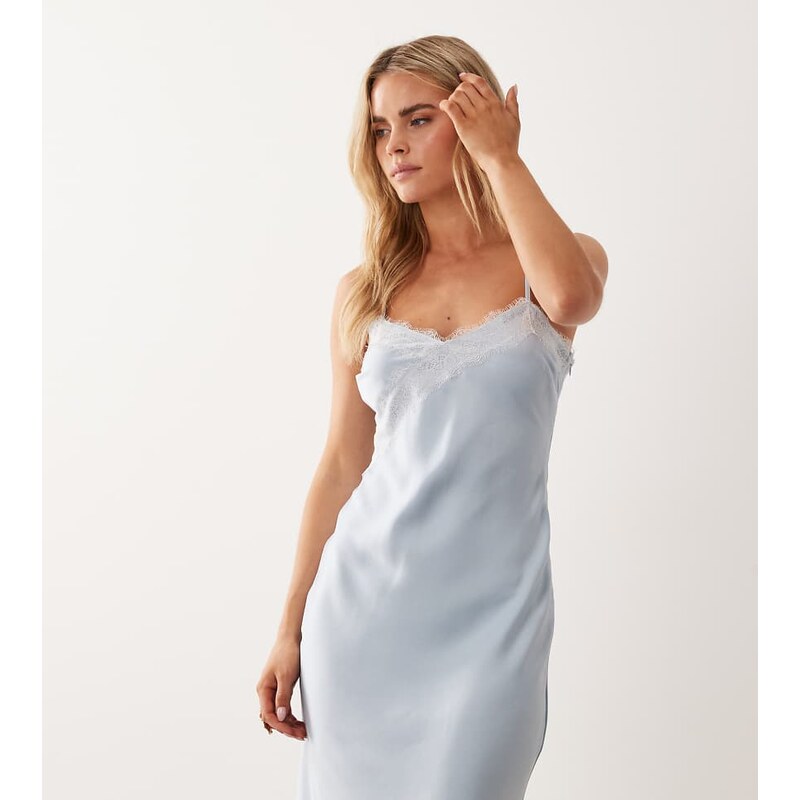New Look Petite contrast lace strappy satin midi dress in blue