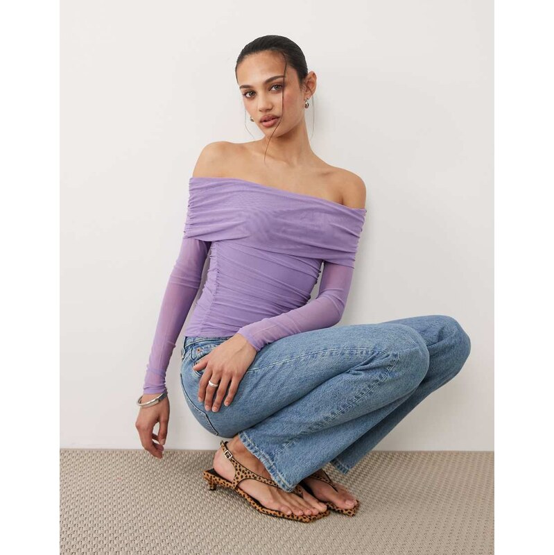 Cotton On ashley off shoulder mesh long sleeve top in violet crush 115011752