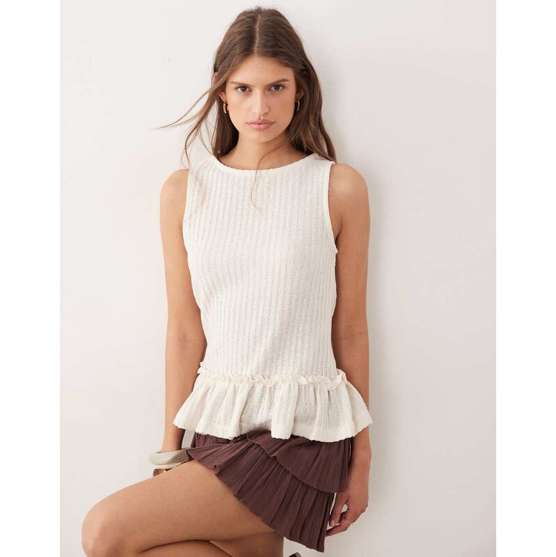 ASOS DESIGN textured knit peplum top co-ord in cream-White