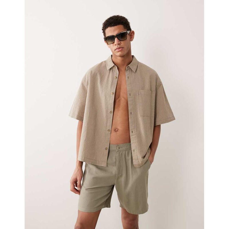 ASOS DESIGN boxy oversized seersucker stripe shirt in beige