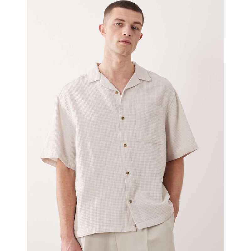 ASOS DESIGN oversized revere waffle shirt in cream-White