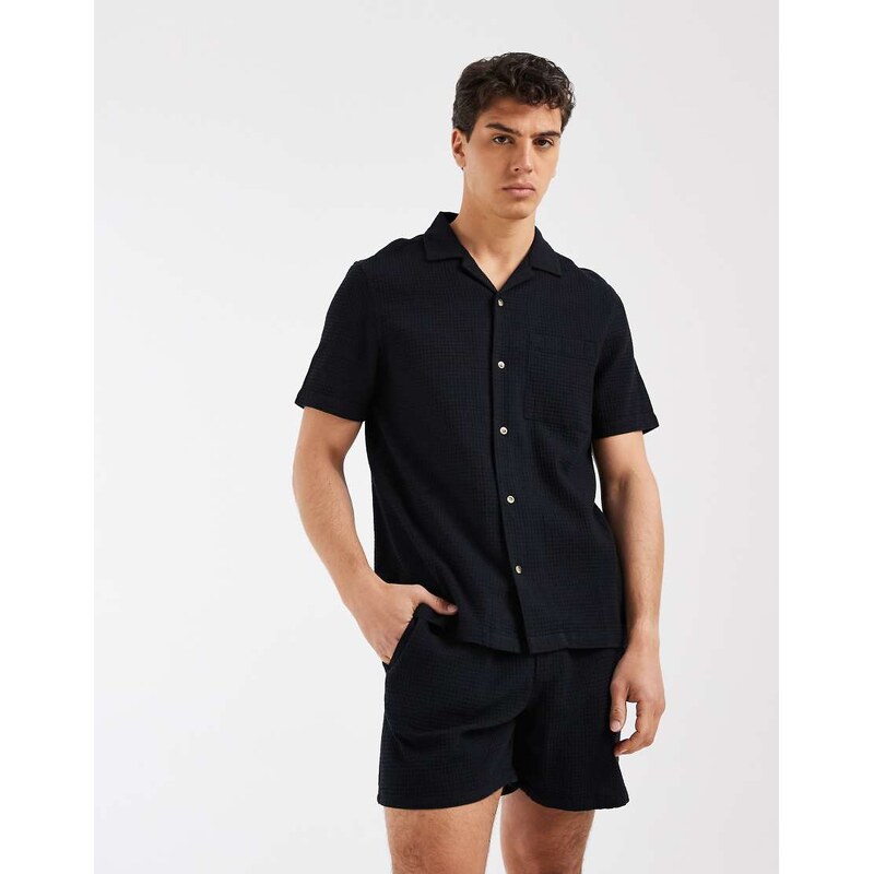 ASOS DESIGN co-ord regular fit revere waffle shirt in black