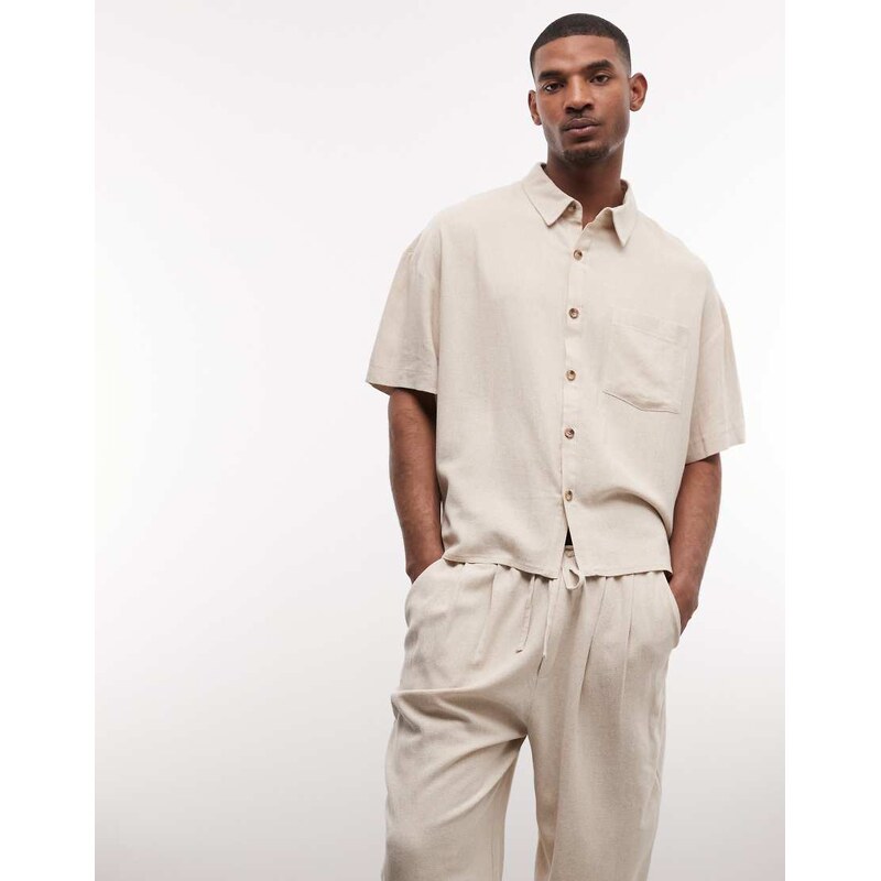 Reclaimed Vintage short sleeve cropped boxy linen blend shirt in