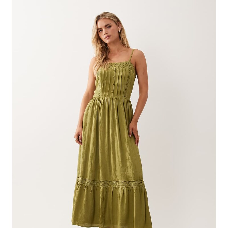 Miss Selfridge Petite lace insert maxi dress in olive-Green