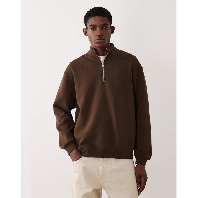 ASOS DESIGN essentials relaxed quarter zip sweatshirt in brown