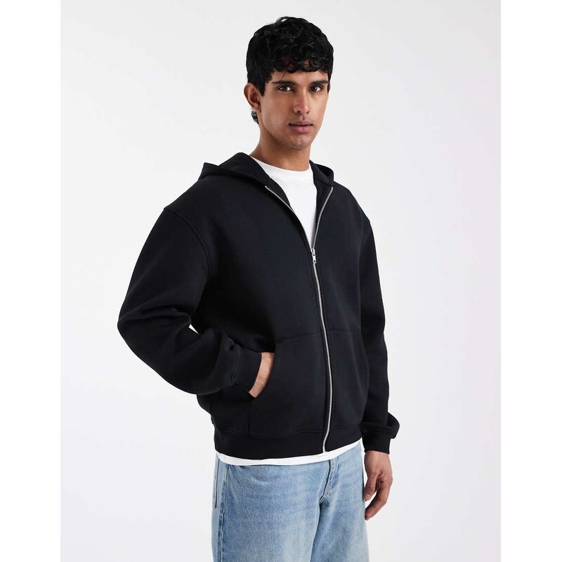 ASOS DESIGN essentials relaxed zip through hoodie in black