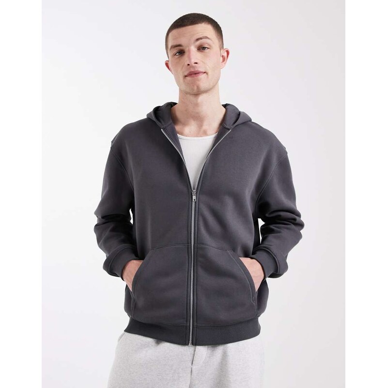 ASOS DESIGN essentials relaxed zip through hoodie in charcoal