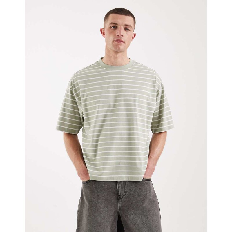 ASOS DESIGN boxy oversized t-shirt in sage stripe-Multi