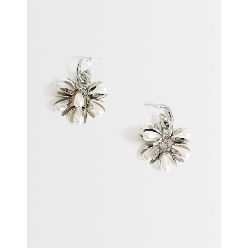 Topshop Colette flower cluster drop earring in silver and pearl
