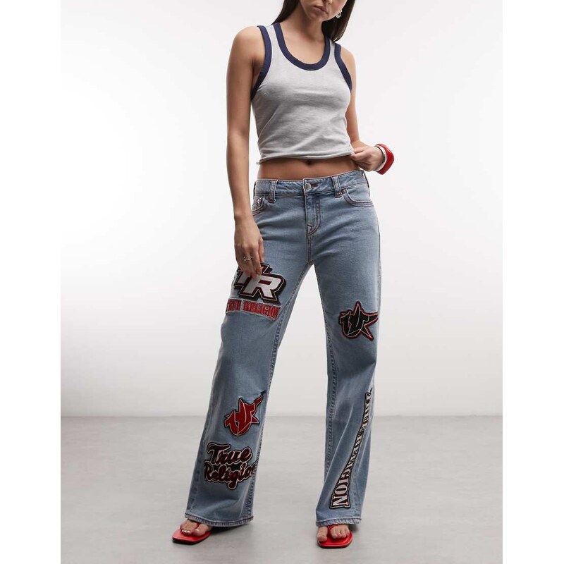 True Religion Bobbi baggy moto applique jeans in light wash blue 115007252