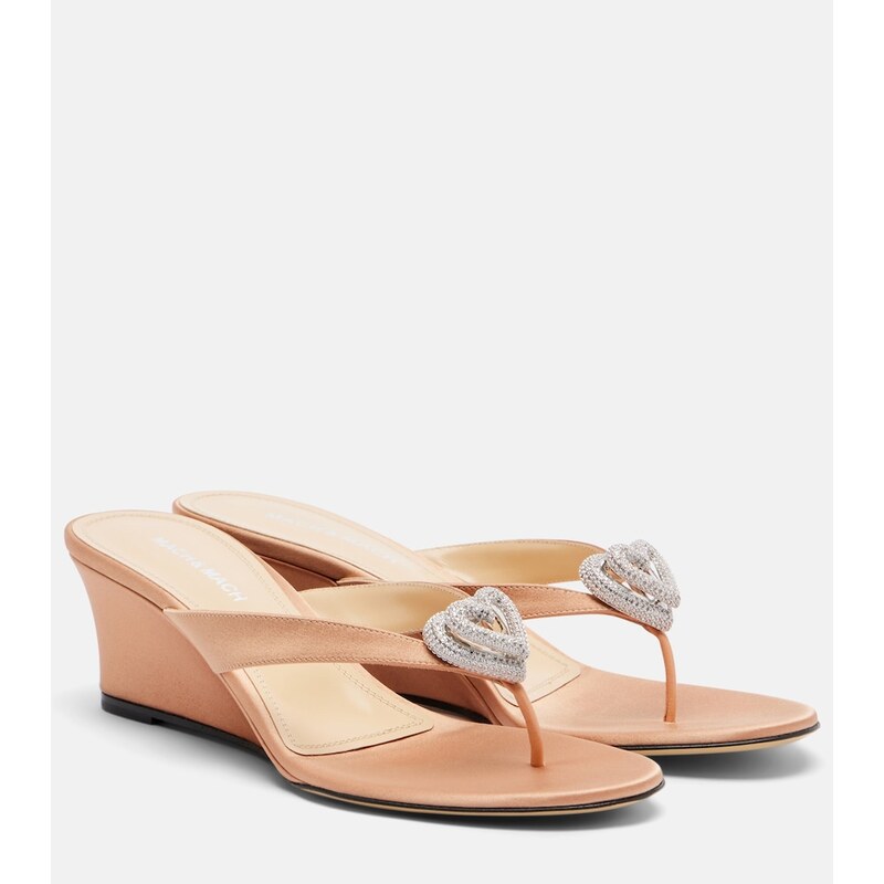 Mach & Mach Double Heart satin wedge thong sandals