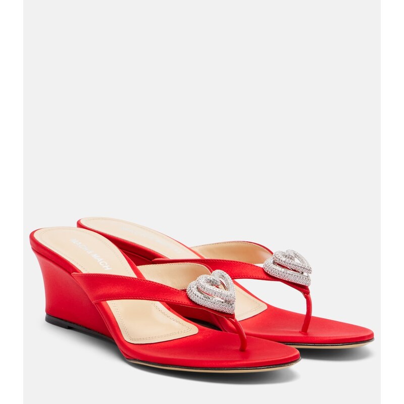 Mach & Mach Double Heart satin wedge thong sandals