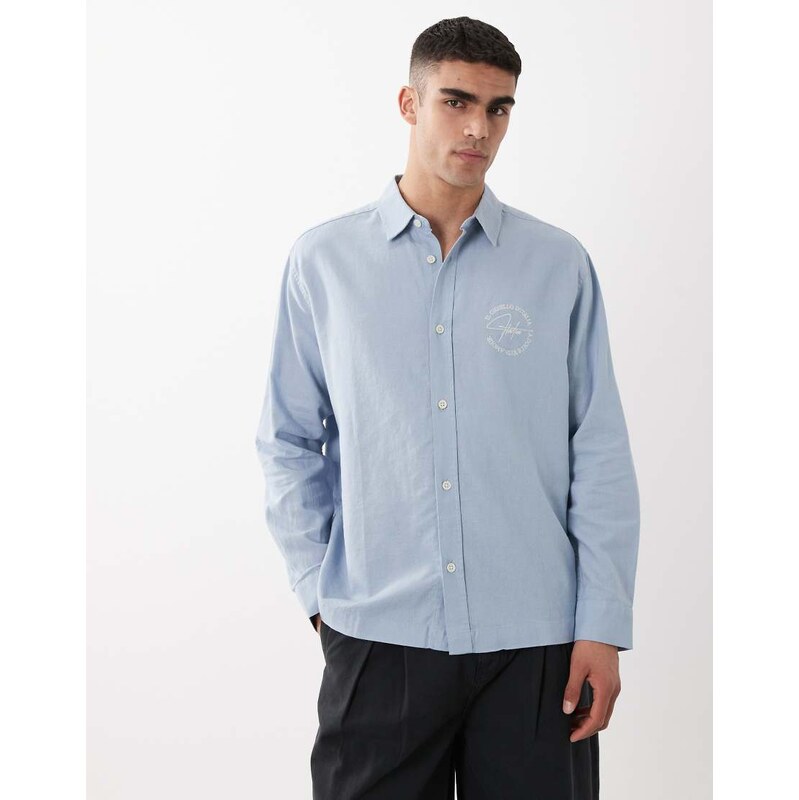 ASOS DESIGN relaxed linen blend shirt with chest embroidery in blue