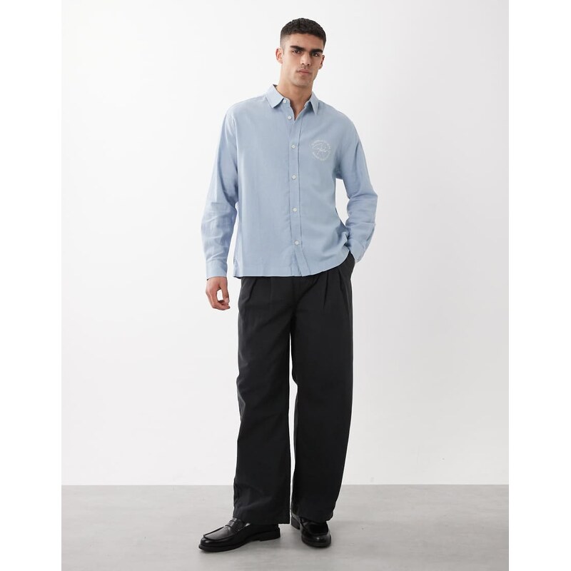 ASOS DESIGN relaxed linen blend shirt with chest embroidery in blue