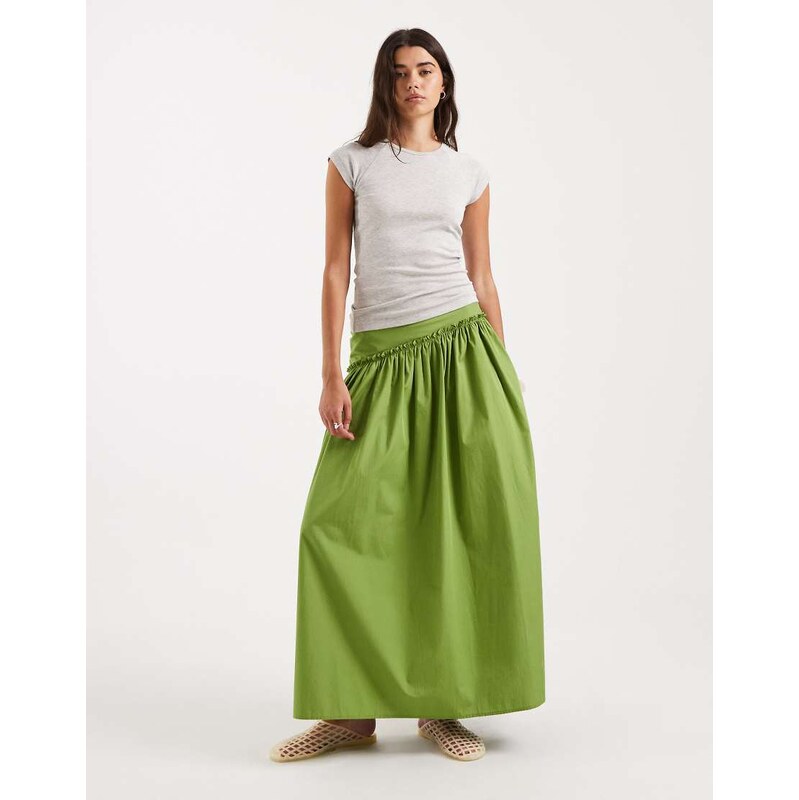 ASOS DESIGN asymmetric dropped waist maxi skirt in green-Multi