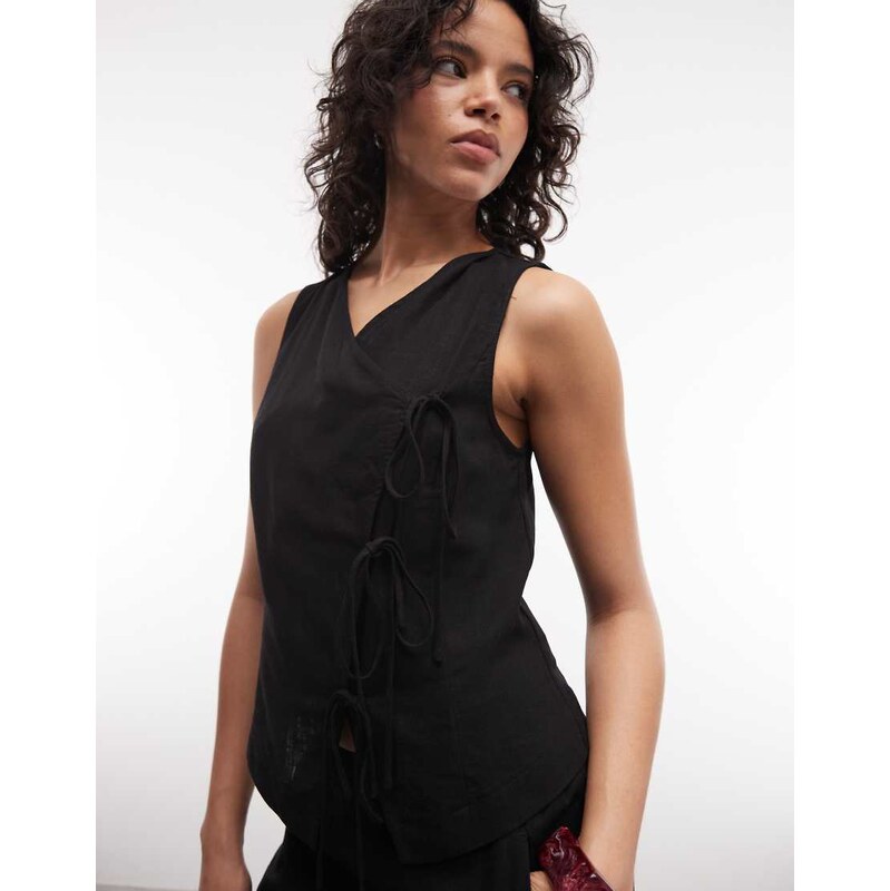 ASOS DESIGN wrap tie detail linen co-ord waistcoat in black