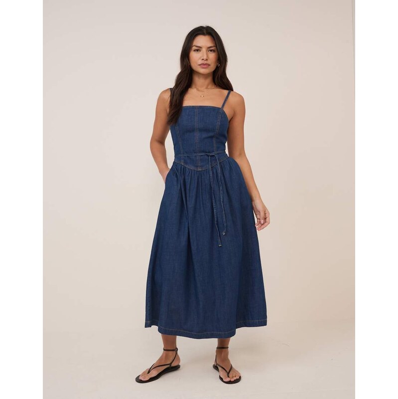 Nobodys Child Jones denim bodice detail ruched skirt midi dress