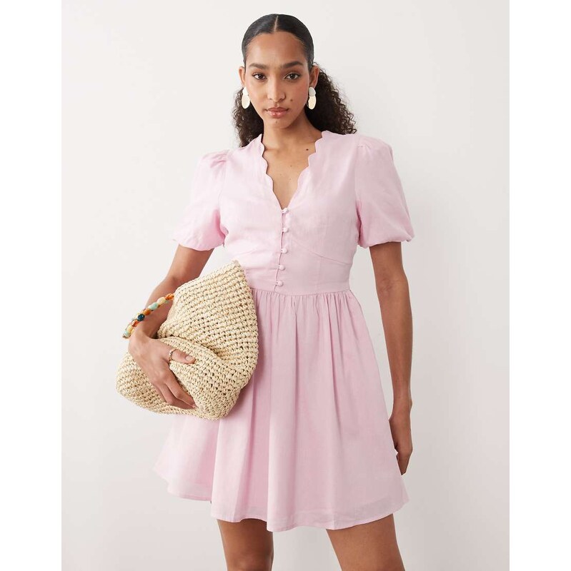 Nobodys Child Bess linen blend scallop edge v-neck puff sleeve mini 115057826