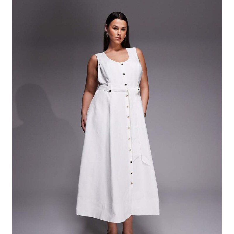 Forever New Curve button down cotton midi dress in white