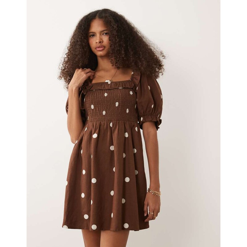 New Look polka dot shirred frill trim mini dress in brown