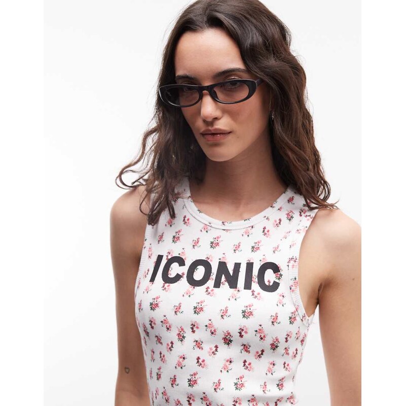 ASOS DESIGN scoop neck vest with iconic slogan in ditsy print