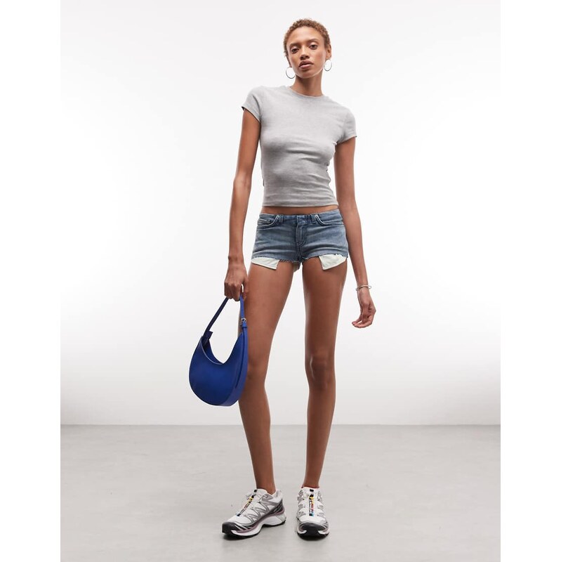 Weekday super short denim hotpants with cut off waistband in blue wash 115595159