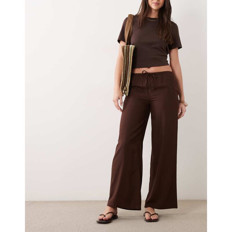 Mango Teen linen mix tie waist straight trouser in brown 115082063