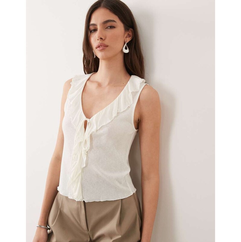 Mango ruffle front sleeveless top in white-Neutral 115057947
