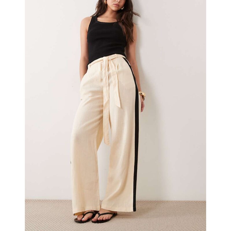 Mango 100% linen tie waist straight trouser with side stripe in