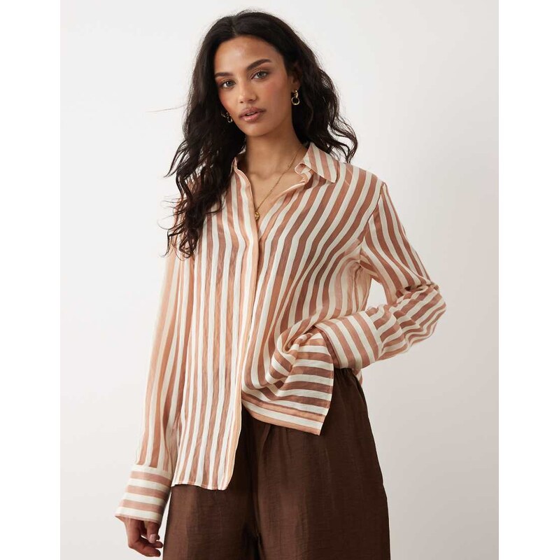Mango sheer oversized shirt in brown and white stripe 115071113