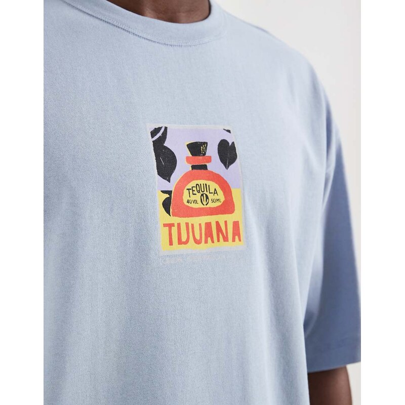 ASOS DESIGN heavyweight boxy oversized t-shirt with tequila graphic in blue wash